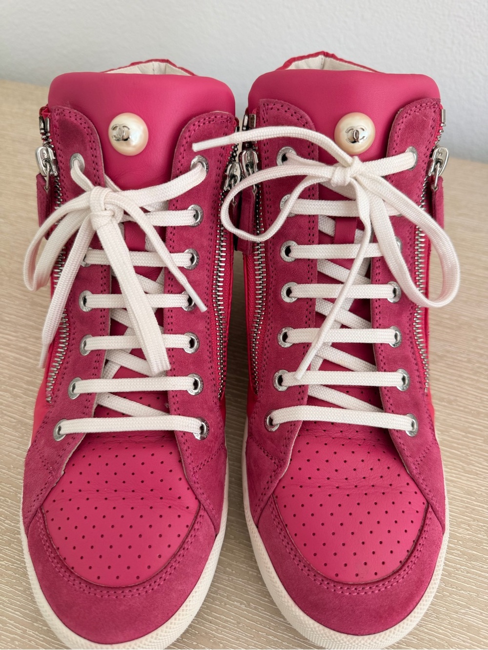 CHANEL Hot Pink Suede & Leather High-Top Sneakers